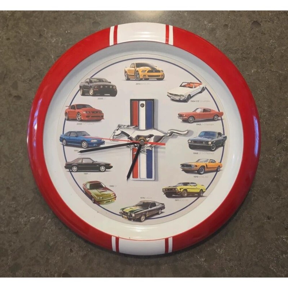 Ford Mustang Wall Clock 50 Years Cars Sound Quartz Red White Racing Stripe
